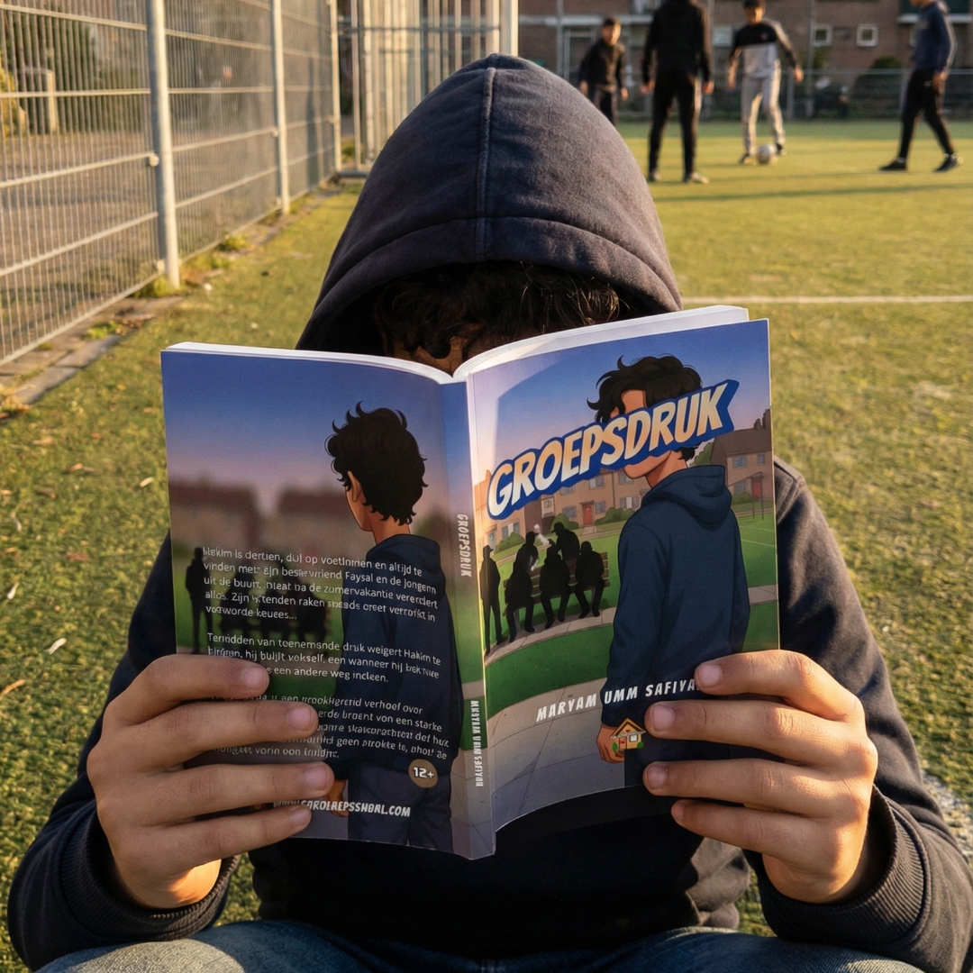 jongen houdt het boek groepsdruk vast